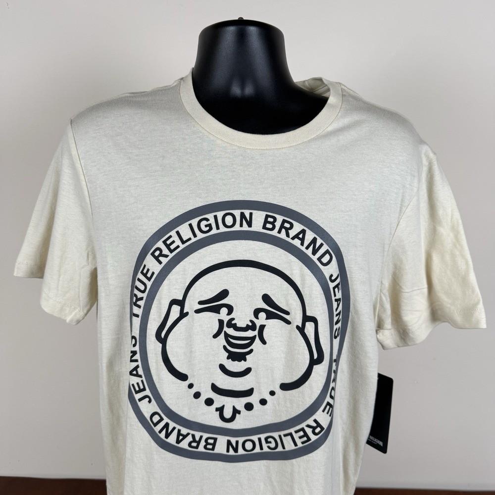 True Religion Buddha Face SS Crew Neck T-Shirt Mens Medium Fog-Beige NWT $59